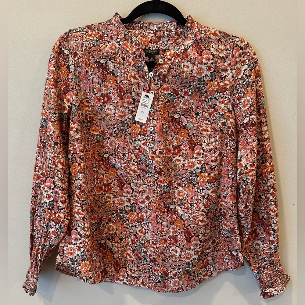 Talbots Petite Long Smocked Sleeve Floral Blouse